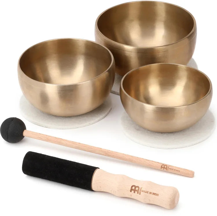 set campana tibetana meinl sonic energy SB-Y1 composta da tre campane con anello di supporto, due battenti e custodia.