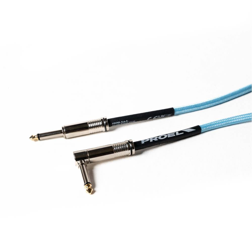 cavo proel professionale per strumenti Jack Mono 6.3 mm / Jack mono 6.3mm ad angolo Guaina in PVC e rivestimento esterno a treccia. Diametro esterno 7 mm. Lunghezza 6 metri. Colore Azzurro.