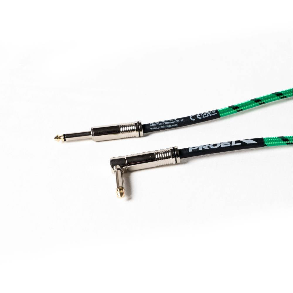 cavo proel professionale per strumenti Jack Mono 6.3 mm / Jack mono 6.3mm ad angolo Guaina in PVC e rivestimento esterno a treccia. Diametro esterno 7 mm. Lunghezza 6 metri. Colore Verde