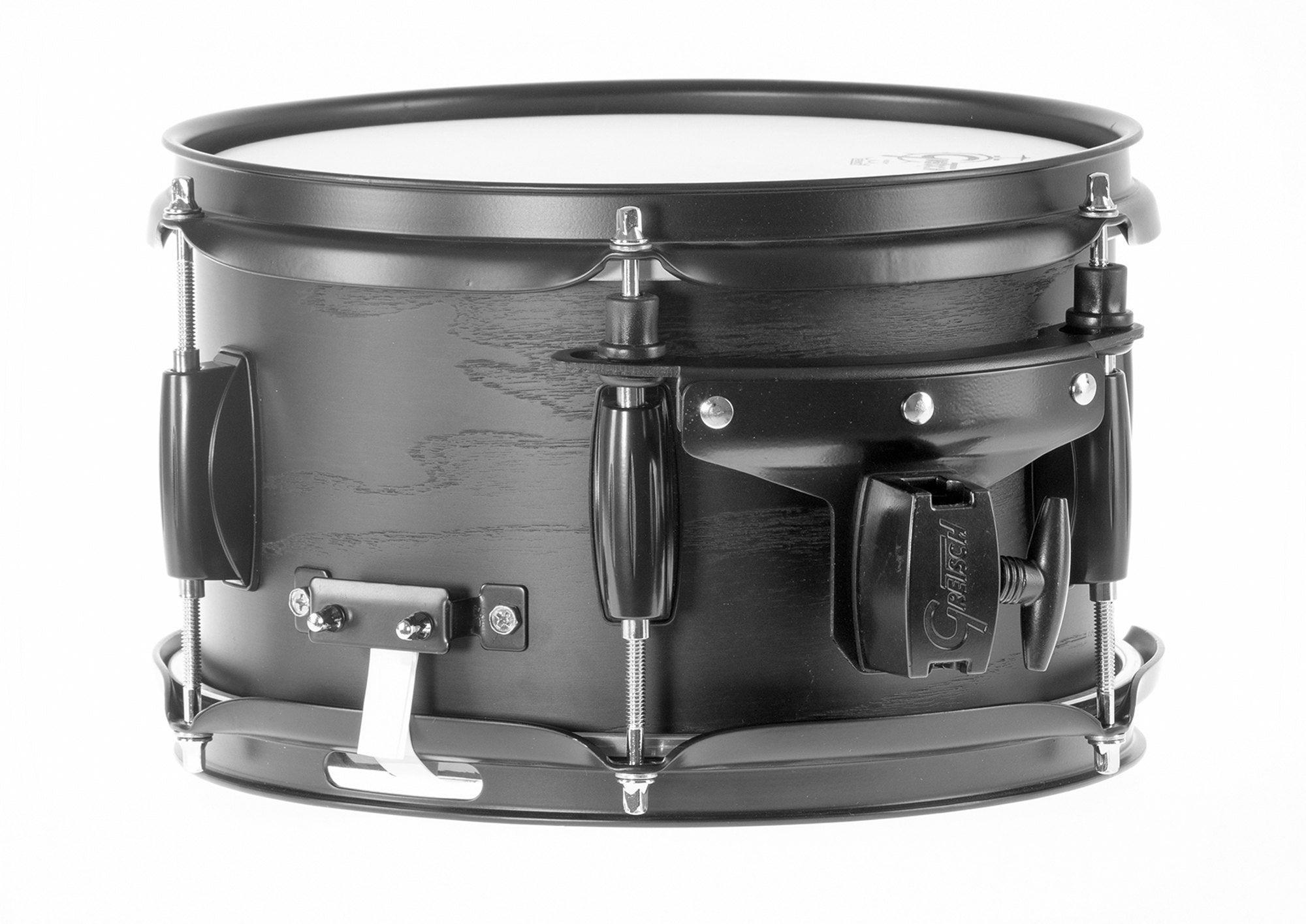 rullante gretsch 10x6 s1-0610-asht 
fusto in 10 strati di frassino
bordo 30°
finitura satin ebony
black hardware
gts mount per usarlo come rullante laterale